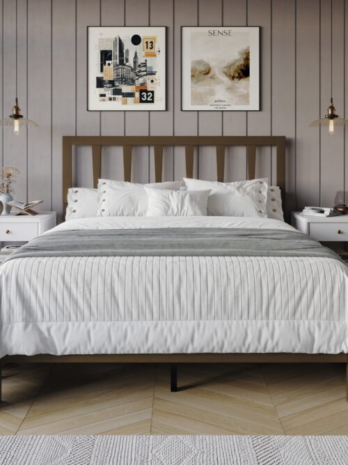 Home Design Elmira Twin Wood Platform Bed with Adjustable Height Headboard & Durable Wood Construction, Brown, Easy Assembly