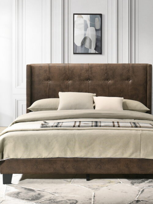 Home Design Evelyn Queen Upholstered Platform Bed Frame with Tufted Headboard and Wingback Design, Brown, Easy Assembly