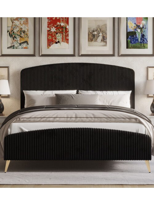 Home Design Everett Full Upholstered Panel Bed Frame with Curve-Shaped Design Headboard For Adult, Black, Easy Assembly