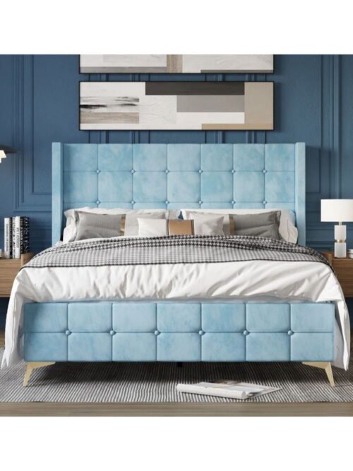 Home Design Gisella Full Upholstered Panel Bed Frame with Headboard Wingback for Adult, Blue, Easy Assembly
