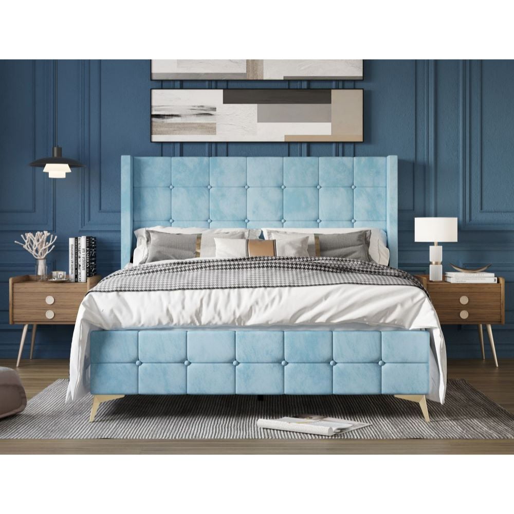 Home Design Gisella Full Upholstered Panel Bed Frame with Headboard Wingback for Adult, Blue, Easy Assembly