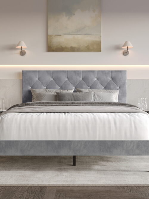 Home Design Groton Twin Tufted Velvet Upholstered Panel Bed Frame with Button-Tufted Headboard & Wingback Design, Silver Gray, Easy Assembly