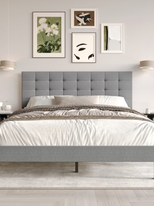 Home Design Haines Twin Linen Upholstered Panel Bed Frame with Rectangular Tufted Headboard & Sturdy Wooden Legs, Gray, Easy Assembly