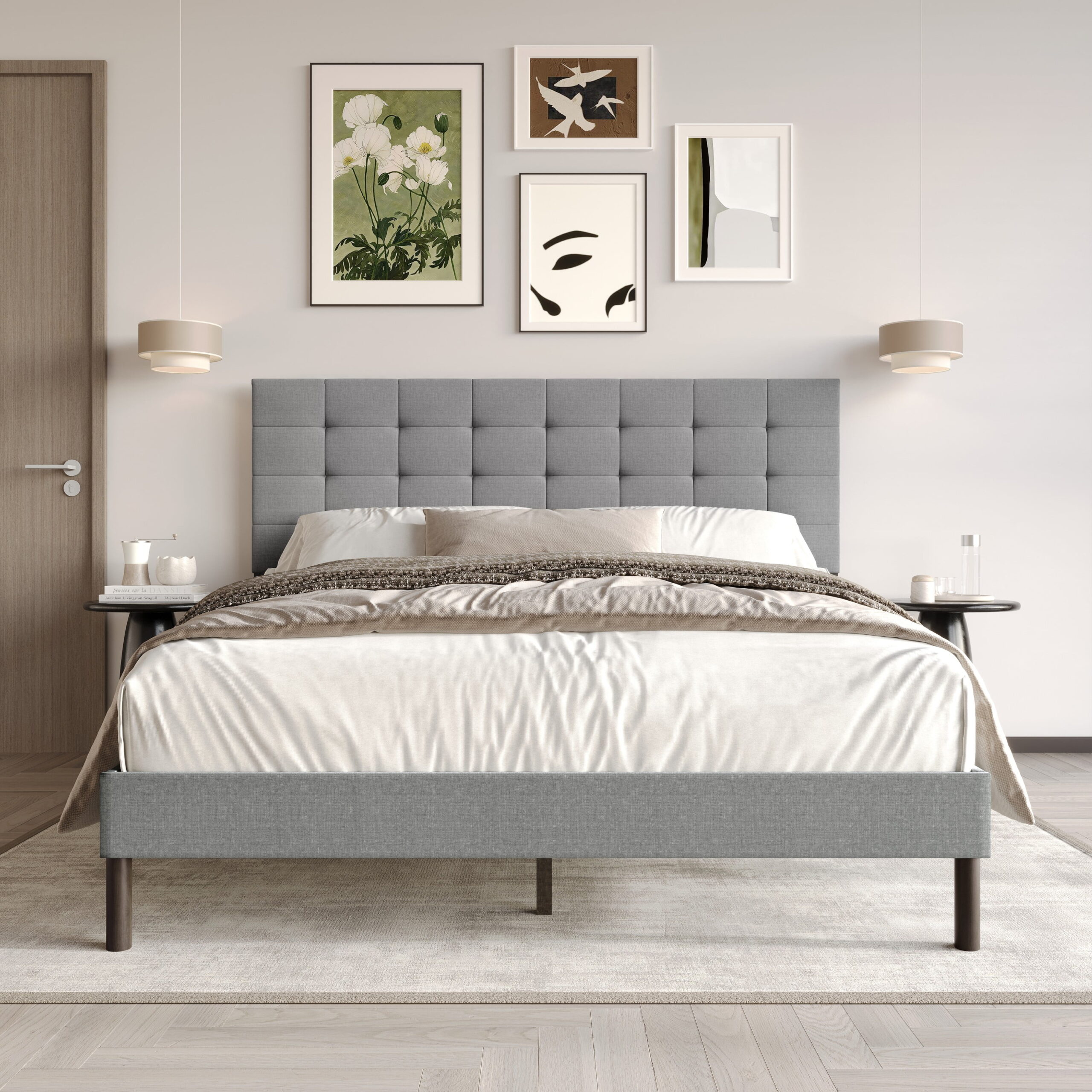 Home Design Haines Twin Linen Upholstered Panel Bed Frame with Rectangular Tufted Headboard & Sturdy Wooden Legs, Gray, Easy Assembly