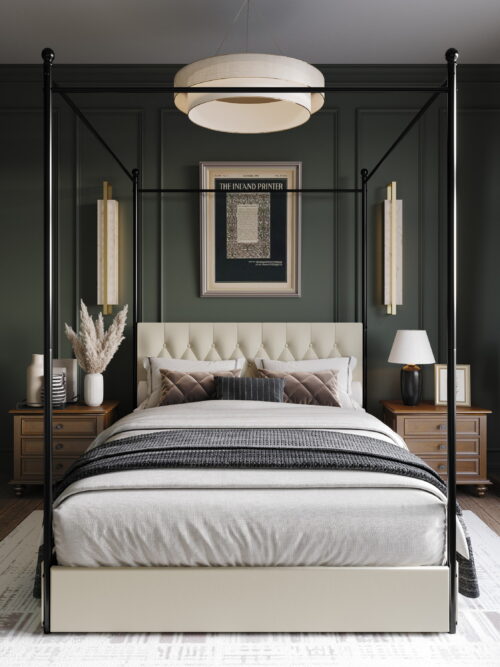 Home Design Harlan Queen Upholstered Metal Storage Canopy Bed Frame with Button-Tufted Headboard and Four Side Drawers, Beige, Easy Assembly