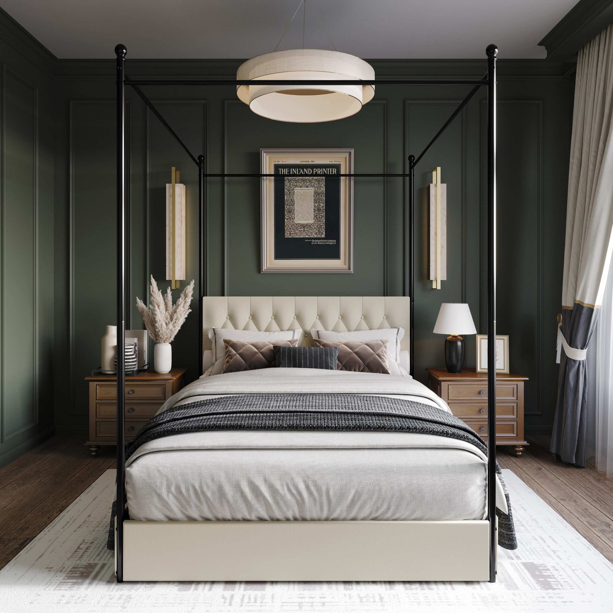 Home Design Harlan Queen Upholstered Metal Storage Canopy Bed Frame with Button-Tufted Headboard and Four Side Drawers, Beige, Easy Assembly