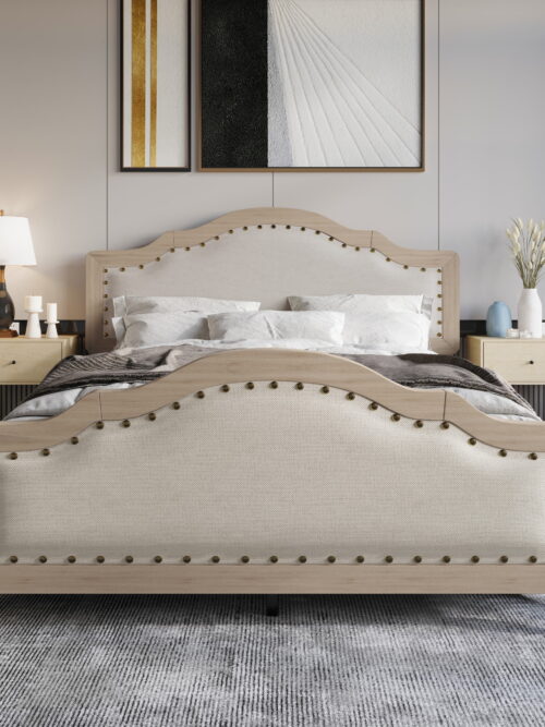 Home Design Hilton King Platform Bed Frame with Foam-Padded Headboard and Nailhead Trim, Antique Gray/Warm Gray, Easy Assembly