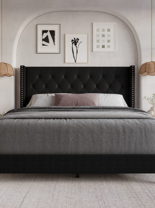 Home Design Homer King Button-Tufted Wingback Upholstered Panel Bed Frame with Nailhead Trim design for Adult, Black, Easy Assembly