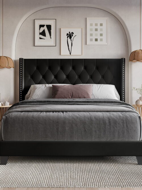 Home Design Homer Queen Button-Tufted Wingback Upholstered Panel Bed Frame with Nailhead Trim design for Adult, Black, Easy Assembly