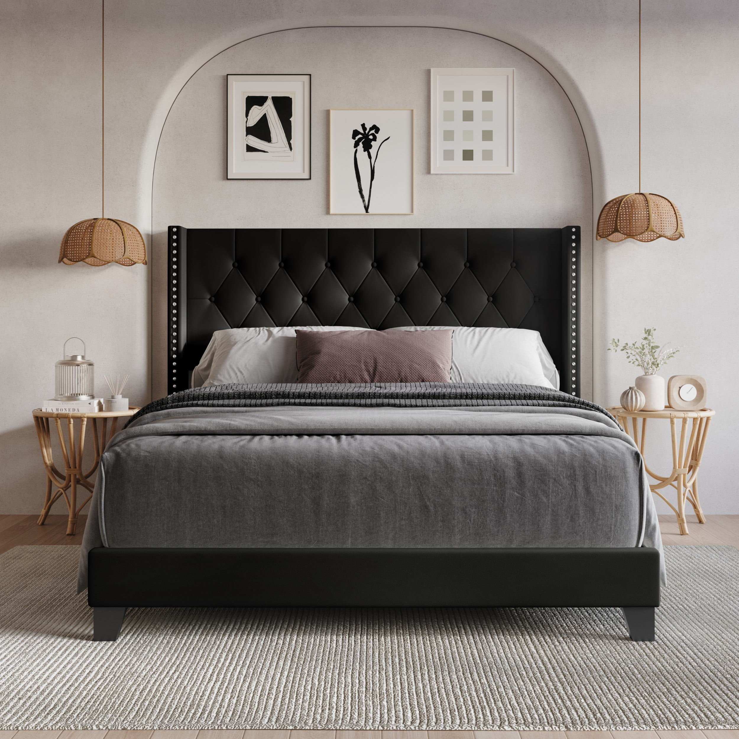 Home Design Homer Queen Button-Tufted Wingback Upholstered Panel Bed Frame with Nailhead Trim design for Adult, Black, Easy Assembly