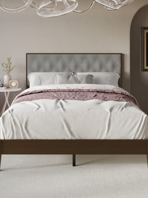 Home Design Kankakee Brown/Dark Gray Twin Solid Wood Panel Bed with Upholstered Foam-Padded Headboard, Adult, Bedroom