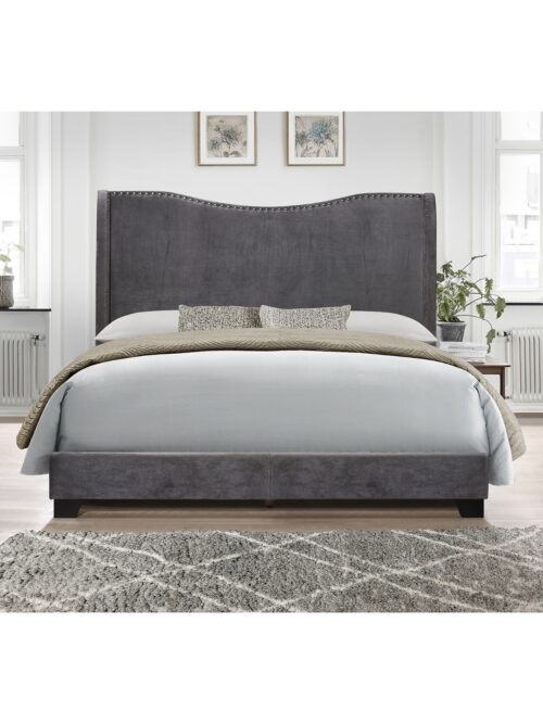 Home Design Kris Queen Upholstered Wingback Bed Frame with Arched Wingback Headboard and Nailhead Trim, Dark Gray, Easy assembly