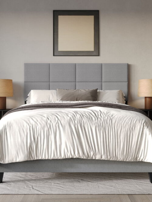 Home Design Lufkin Twin Upholstered Panel Bed Frame with Checkered Tufted Headboard & Foam-Filled Comfort, Gray, Easy Assembly