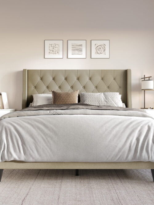 Home Design Medford Queen Tufted Upholstered Panel Bed with Wingback Headboard and Button Tufting, Dark Beige, Easy Assembly