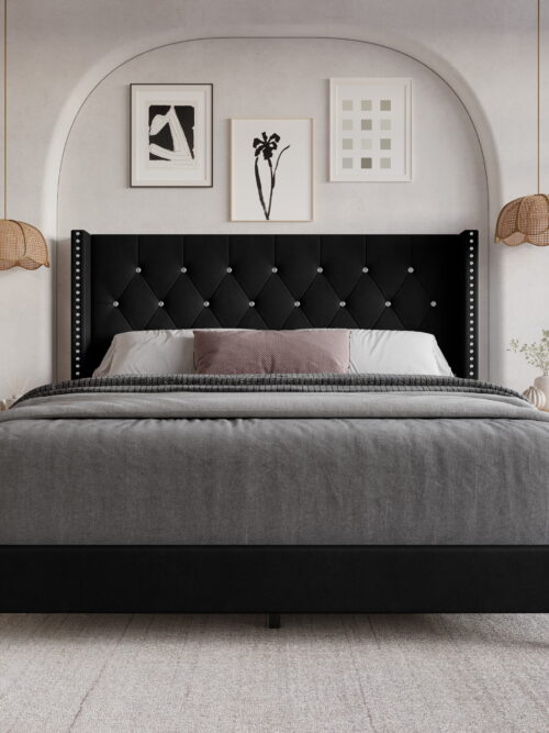 Home Design Monroe Queen Tufted Upholstered Wingback Panel Bed Frame with Diamond Tufting and Nailhead Trim for Adult Bedroom, Black