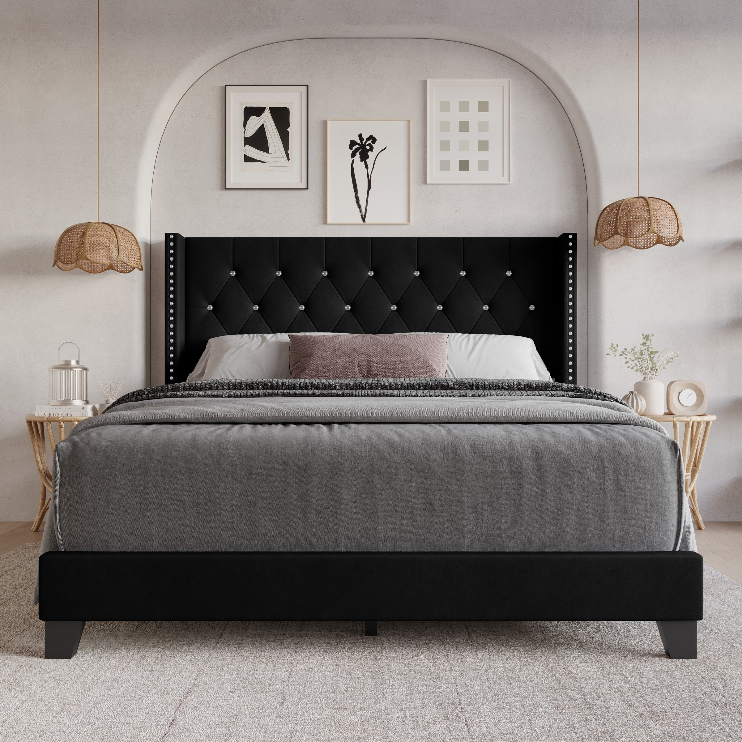 Home Design Monroe Queen Tufted Upholstered Wingback Panel Bed Frame with Diamond Tufting and Nailhead Trim for Adult Bedroom, Black