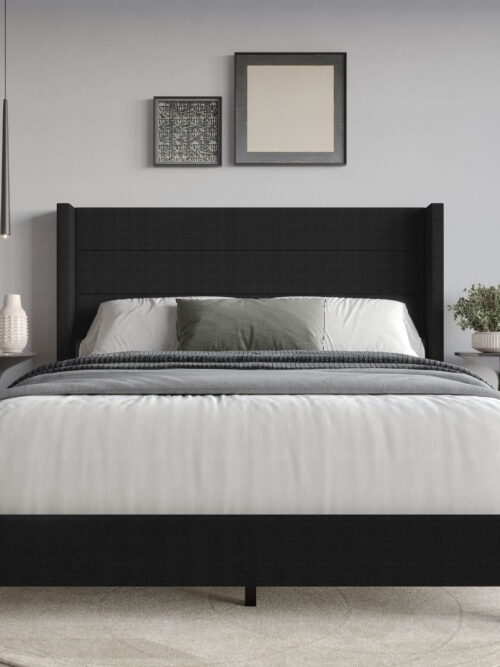 Home Design Niles King Upholstered Panel Bed Frame with Wingback Headboard and Foam-Padded Support, Black, Easy Assembly