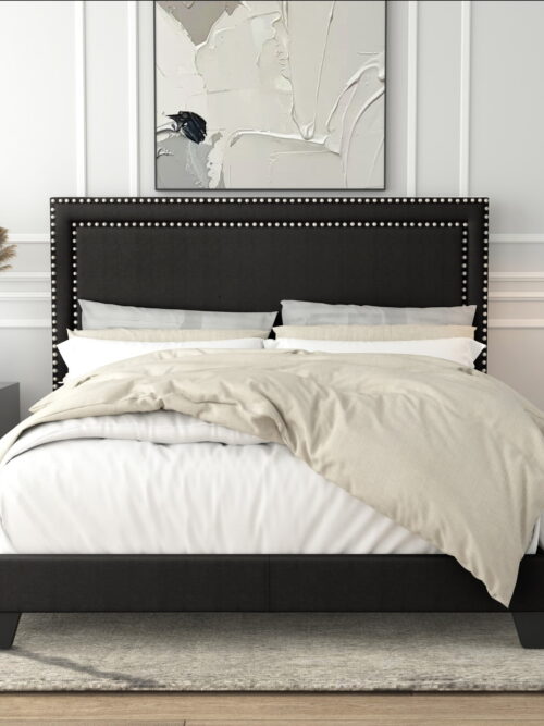 Home Design Ocala Full Upholstered Panel Bed Frame with Padded Headboard and Sturdy Support, Black, Easy Assembly