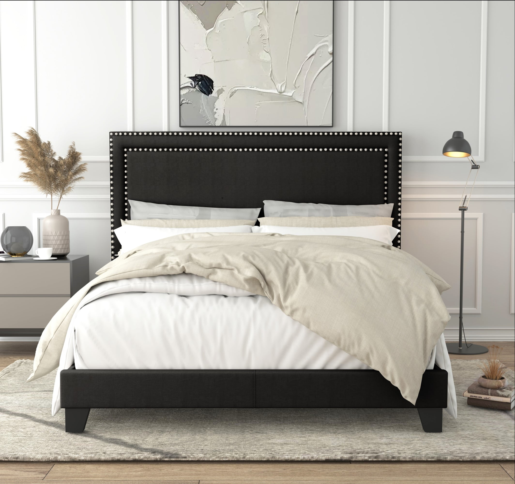 Home Design Ocala Full Upholstered Panel Bed Frame with Padded Headboard and Sturdy Support, Black, Easy Assembly