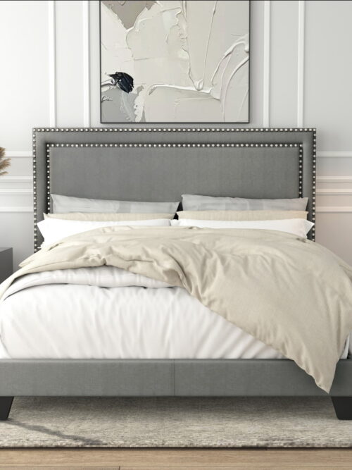 Home Design Ocala King Upholstered Panel Bed Frame with Padded Headboard and Sturdy Support, Gray, Easy Assembly