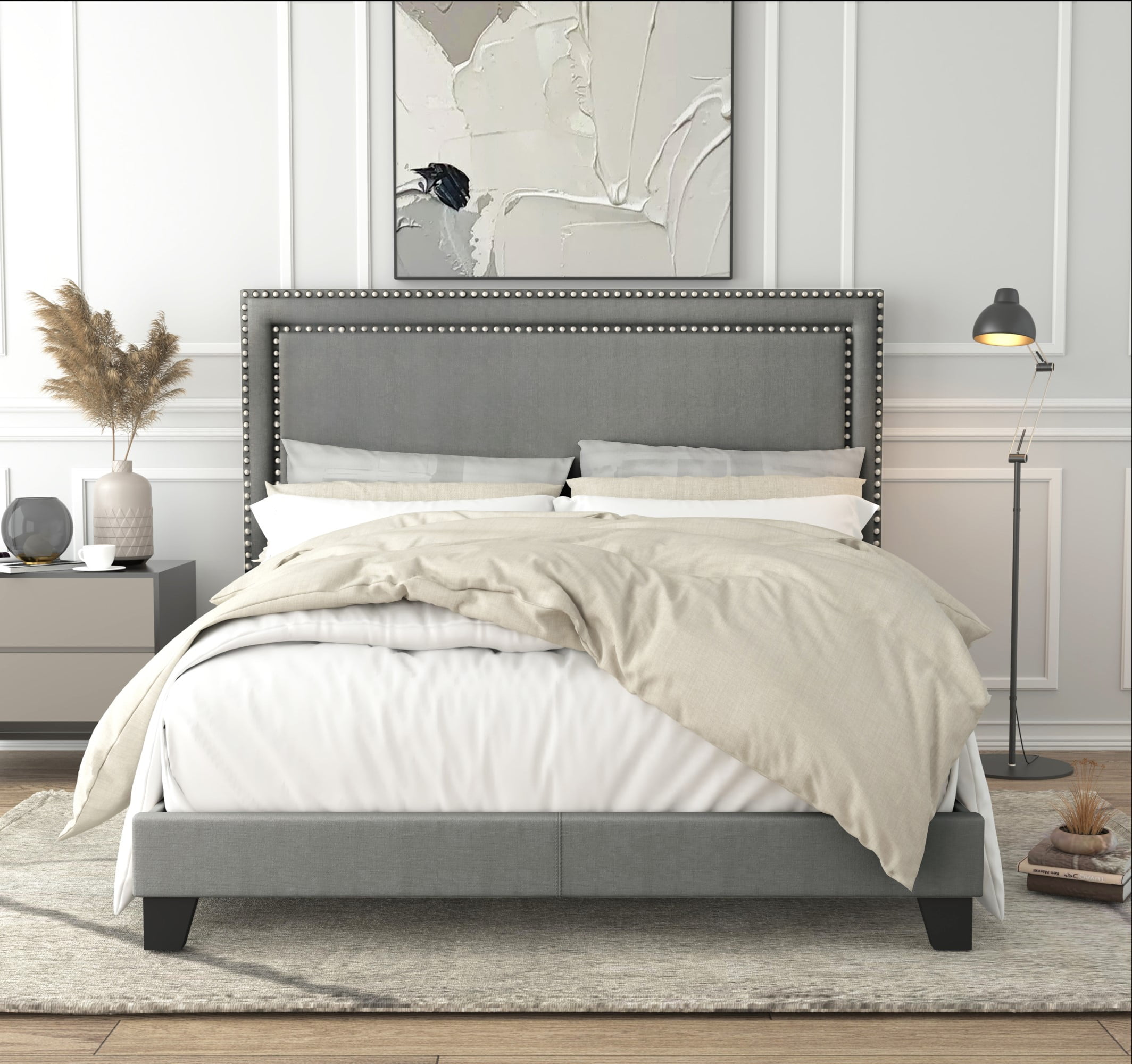 Home Design Ocala King Upholstered Panel Bed Frame with Padded Headboard and Sturdy Support, Gray, Easy Assembly