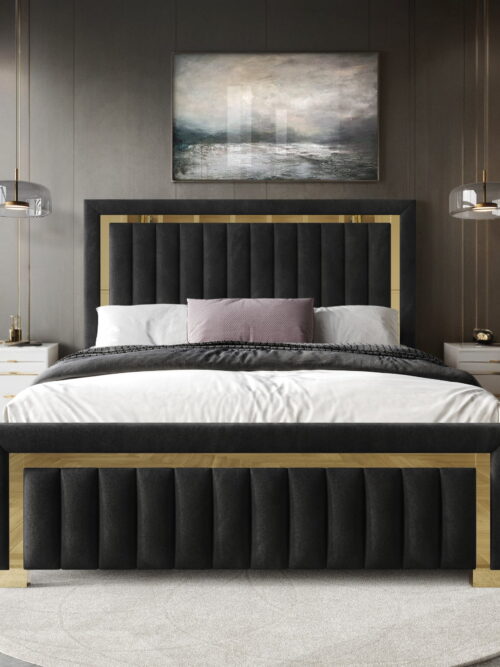 Home Design Olathe Queen Upholstered Panel Bed Frame with Channel-Tufted Headboard and Gold Acrylic Strip Accents, Black, Easy Assembly