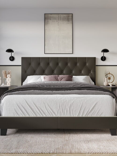 Home Design Omaha Queen Tufted Upholstered Panel Bed Frame, Dark Brown, Easy Assembly