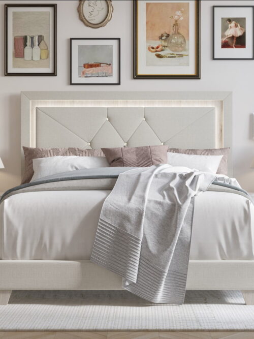 Home Design Perina King Upholstered Panel Bed Frame with LED Light, Warm Gray, Adult Bedroom Furniture