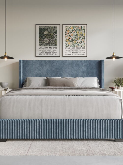 Home Design Rochester King Upholstered Storage Platform Bed Frame with Wingback Headboard and Four Under-Drawers, Blue, Easy Assembly