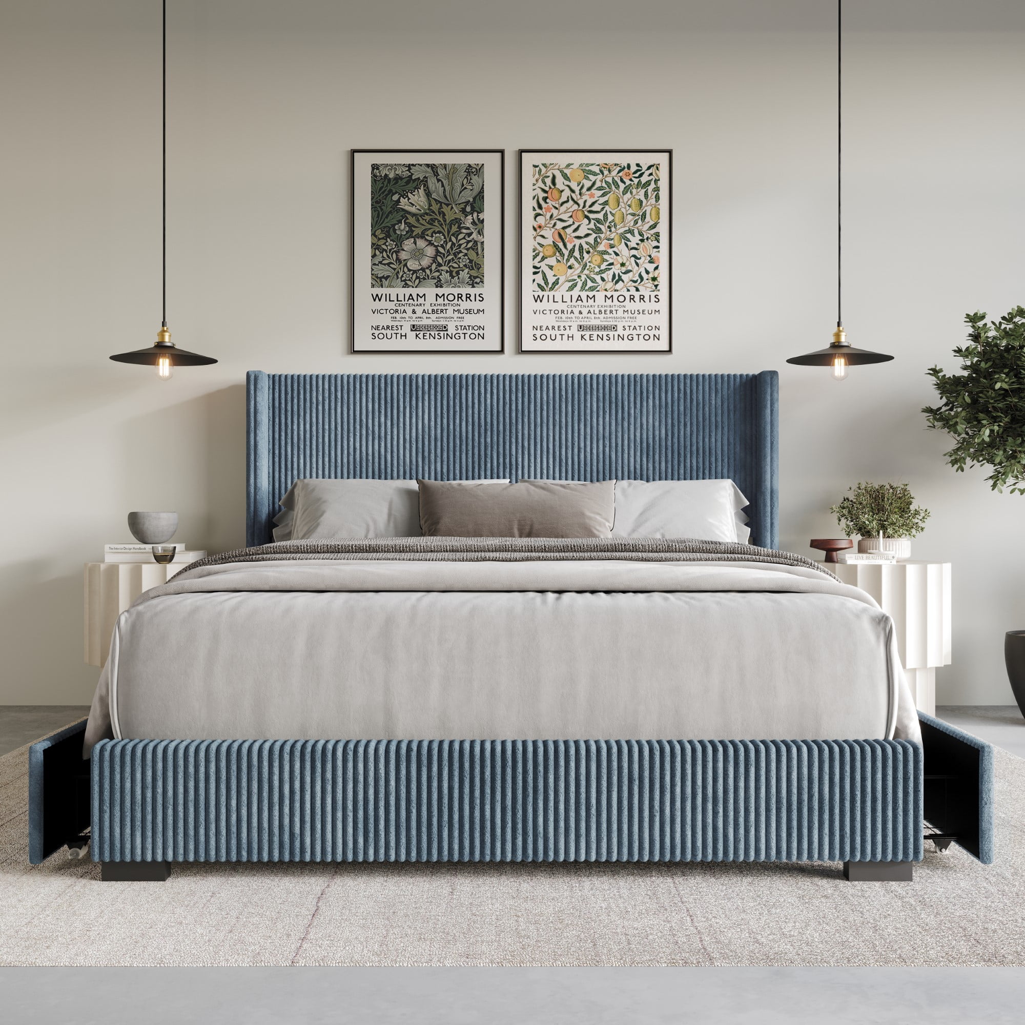 Home Design Rochester King Upholstered Storage Platform Bed Frame with Wingback Headboard and Four Under-Drawers, Blue, Easy Assembly