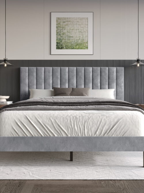 Home Design Sitka Twin Velvet Upholstered Platform Bed Frame with Channel-Tufted Headboard & Foam Padding, Silver Gray, Easy Assembly