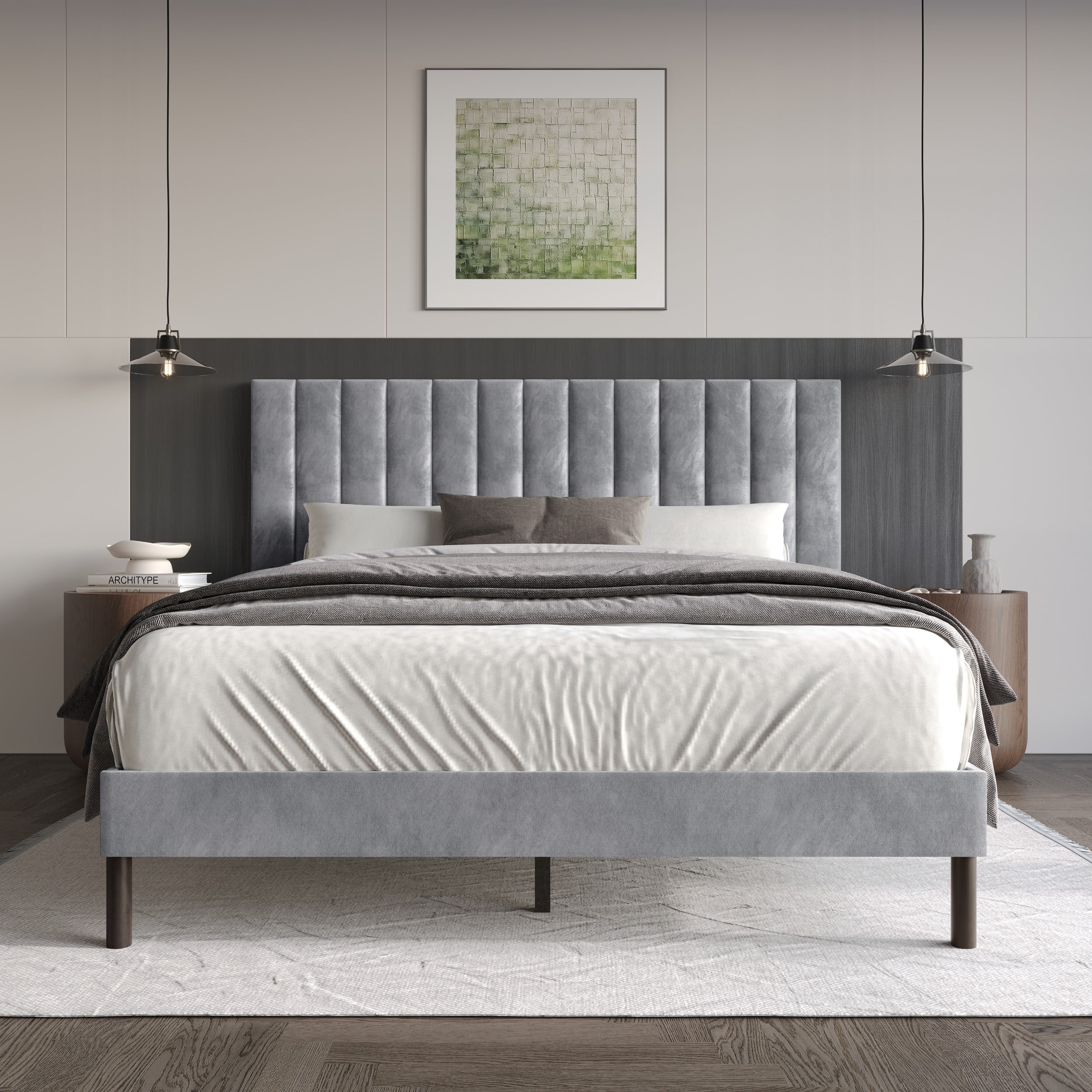 Home Design Sitka Twin Velvet Upholstered Platform Bed Frame with Channel-Tufted Headboard & Foam Padding, Silver Gray, Easy Assembly