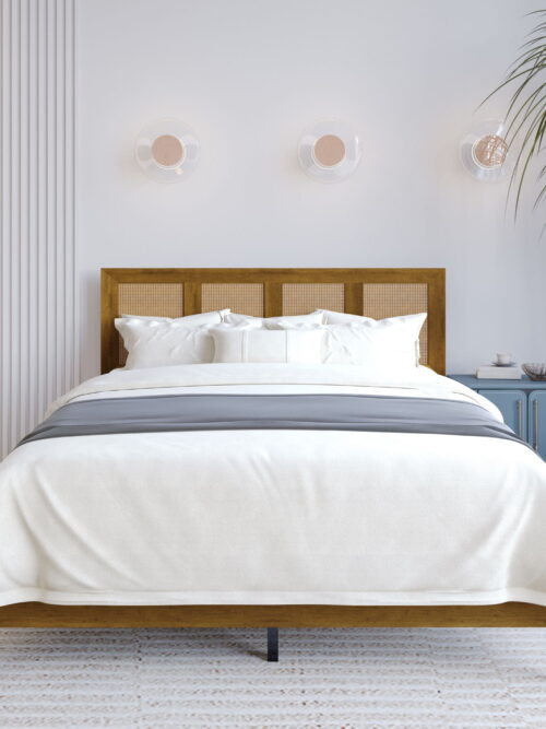 Home Design Skokie Queen Platform Bed Frame with Rattan-Embellished Headboard and Full Slat System, Brown, Easy Assembly