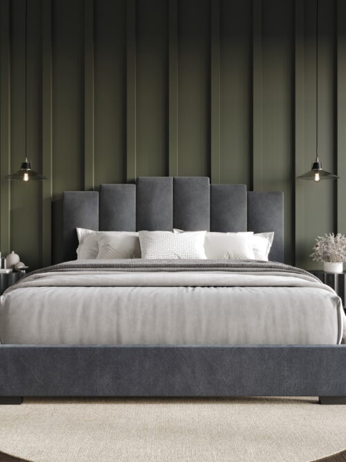 Home Design Yuma King Upholstered Storage Platform Bed Frame with Stepped Headboard Design and Four Under-Drawers, Dark Gray, Easy Assembly