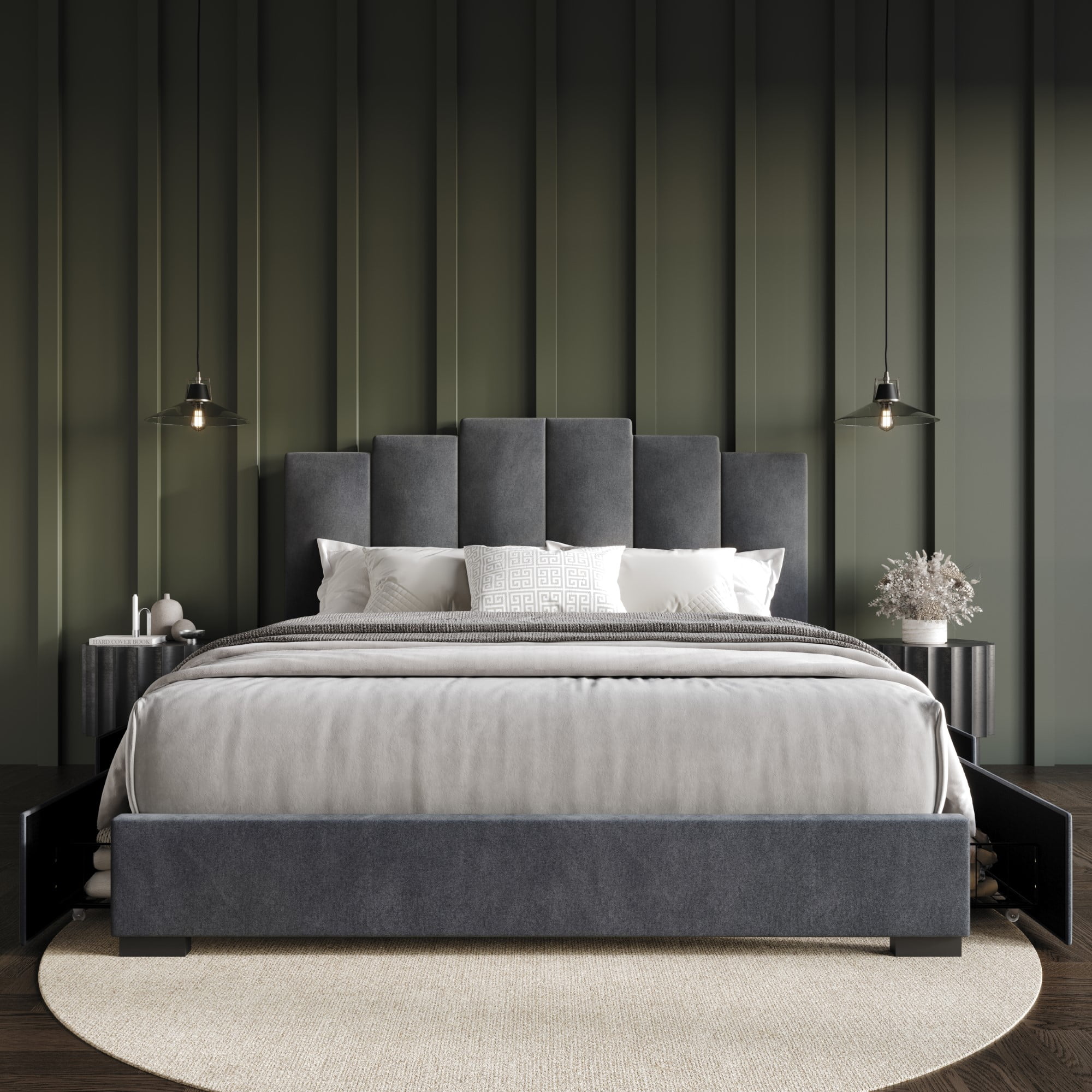 Home Design Yuma King Upholstered Storage Platform Bed Frame with Stepped Headboard Design and Four Under-Drawers, Dark Gray, Easy Assembly