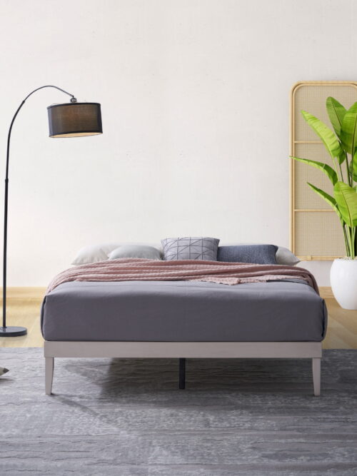 Home Design Zion Queen Solid Wood Platform Bed Frame with Slatted Wood Kit and Center Support, Antique White, Easy Assembly