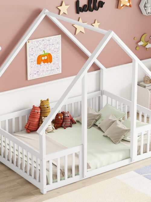 Jopath Full Size Floor Bed Frame Montessori Bed with House-Shaped Floor Bed with Fence, Guardrails for Kids,Boys,Girls White