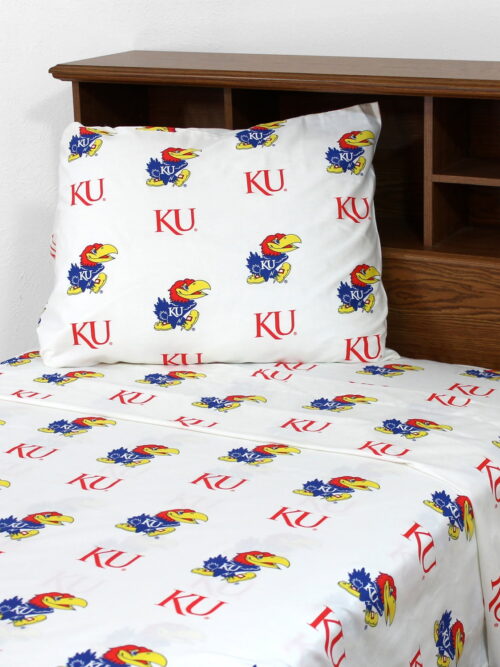 Kansas Jayhawks 100% cotton, 4 piece sheet set - flat sheet, fitted sheet, 2 pillow cases, King, White