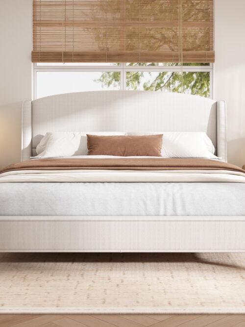 Kian Modern King Bed Frame, Upholstered Platform Bed with Wingback Headboard, Solid Wood Legs, Beige