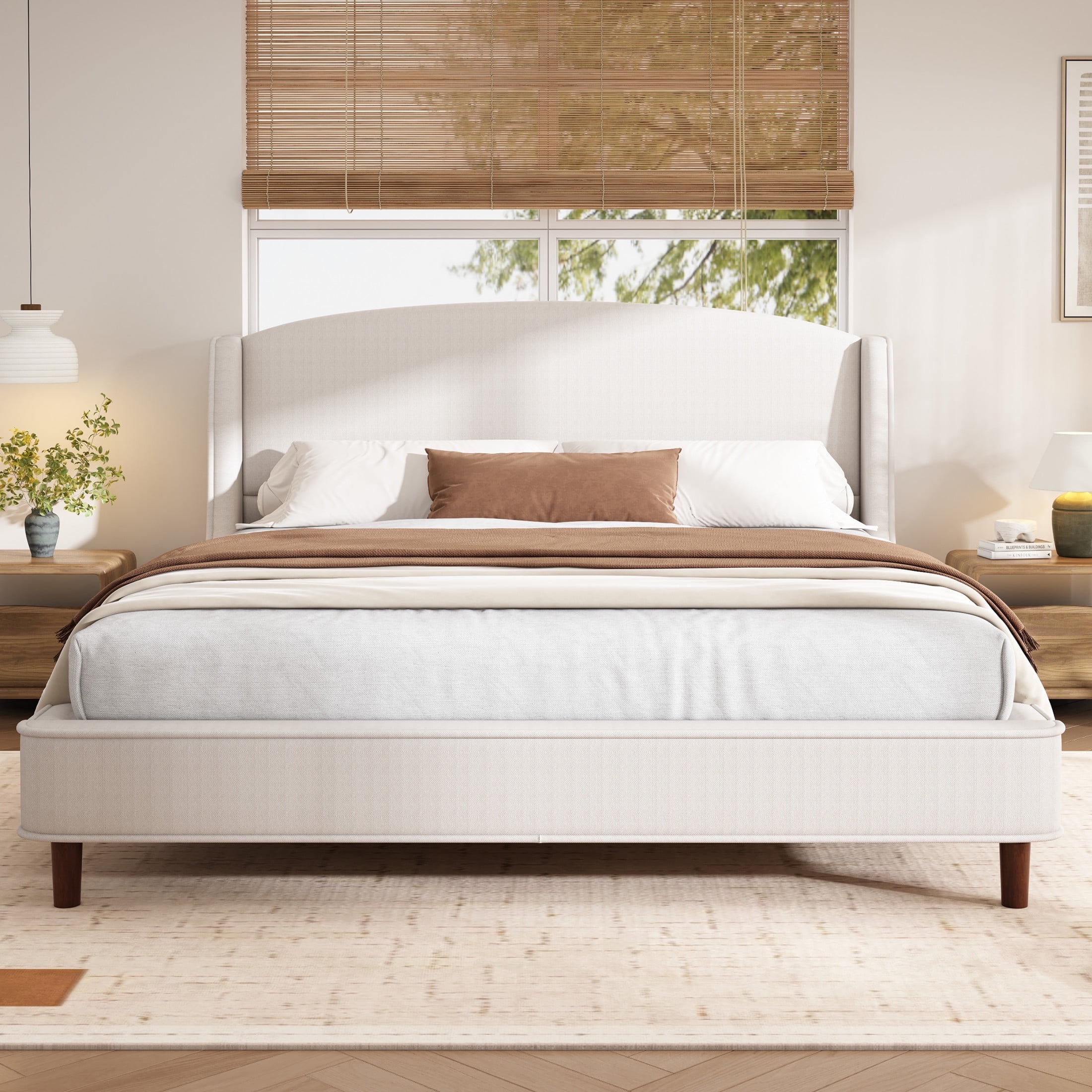 Kian Modern King Bed Frame, Upholstered Platform Bed with Wingback Headboard, Solid Wood Legs, Beige