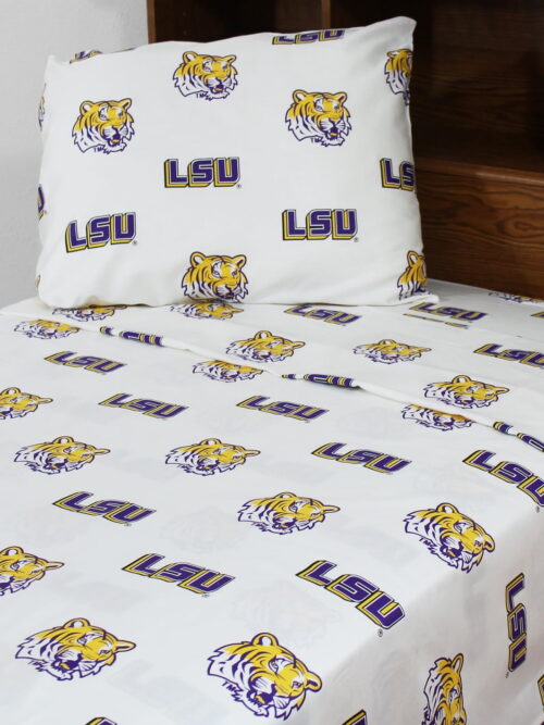 LSU Tigers 100% cotton, 4 piece sheet set - flat sheet, fitted sheet, 2 pillow cases, King, White