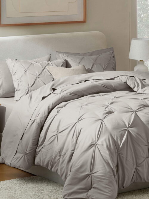 LammaLoe Queen Comforter Set, 7 Piece Bed In A Bag Pintuck Bedding Sets, linen