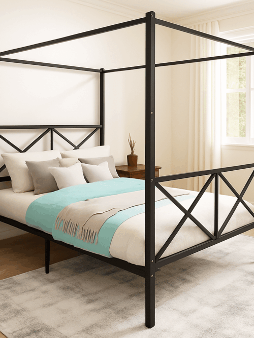 Leumius Queen Metal Canopy Bed Frame,Platform Bed Frame Queen with X Shaped Frame,Black
