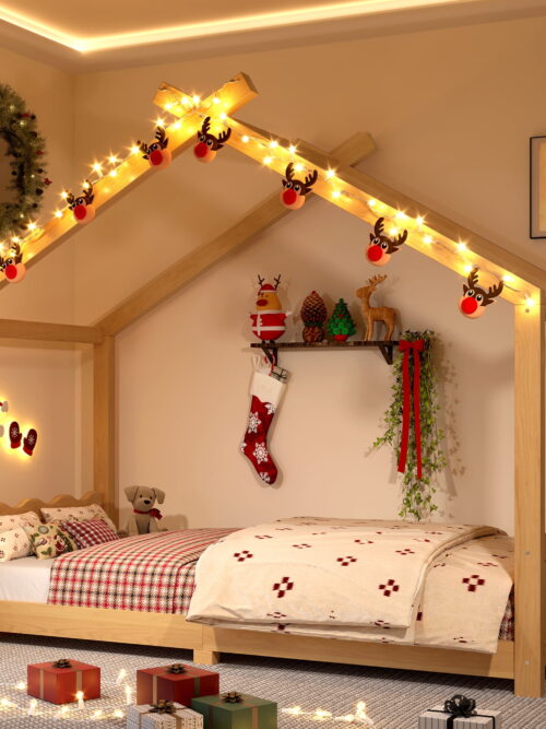 Leumius Twin Size House Shape Bed,Montessori House Bed Solid Wood Floor Bed for Kids,No Box Spring Needed,Natural