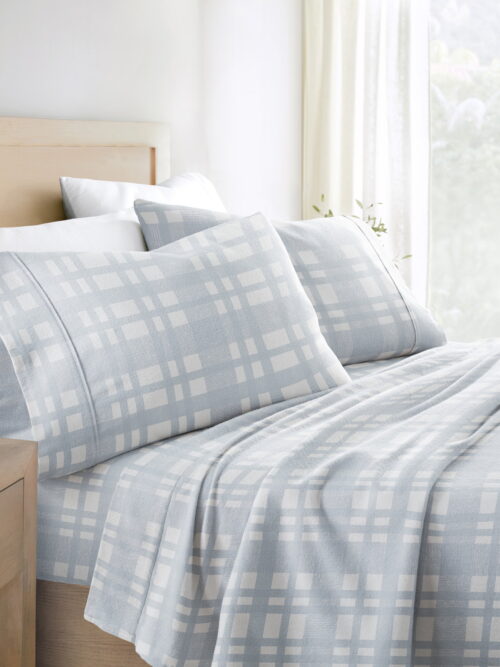 Light Blue Woven 4 Piece 100% Cotton Flannel Deep Pocket Sheet Set, Queen, by Noble Linens