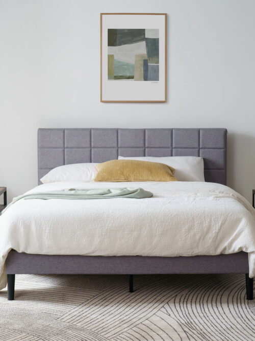 Mainstays Gray Upholstered Square Tufted Platform Bed, No Box Spring Needed, Queen