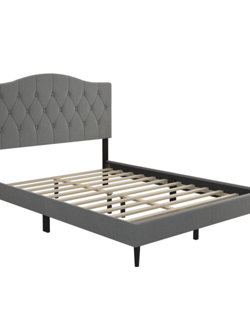 Home Design Mason King Upholstered Platform Bed with Button Tufted, Bed Frame with Curved Headboard for Adult, Gray, Easy Assembly
