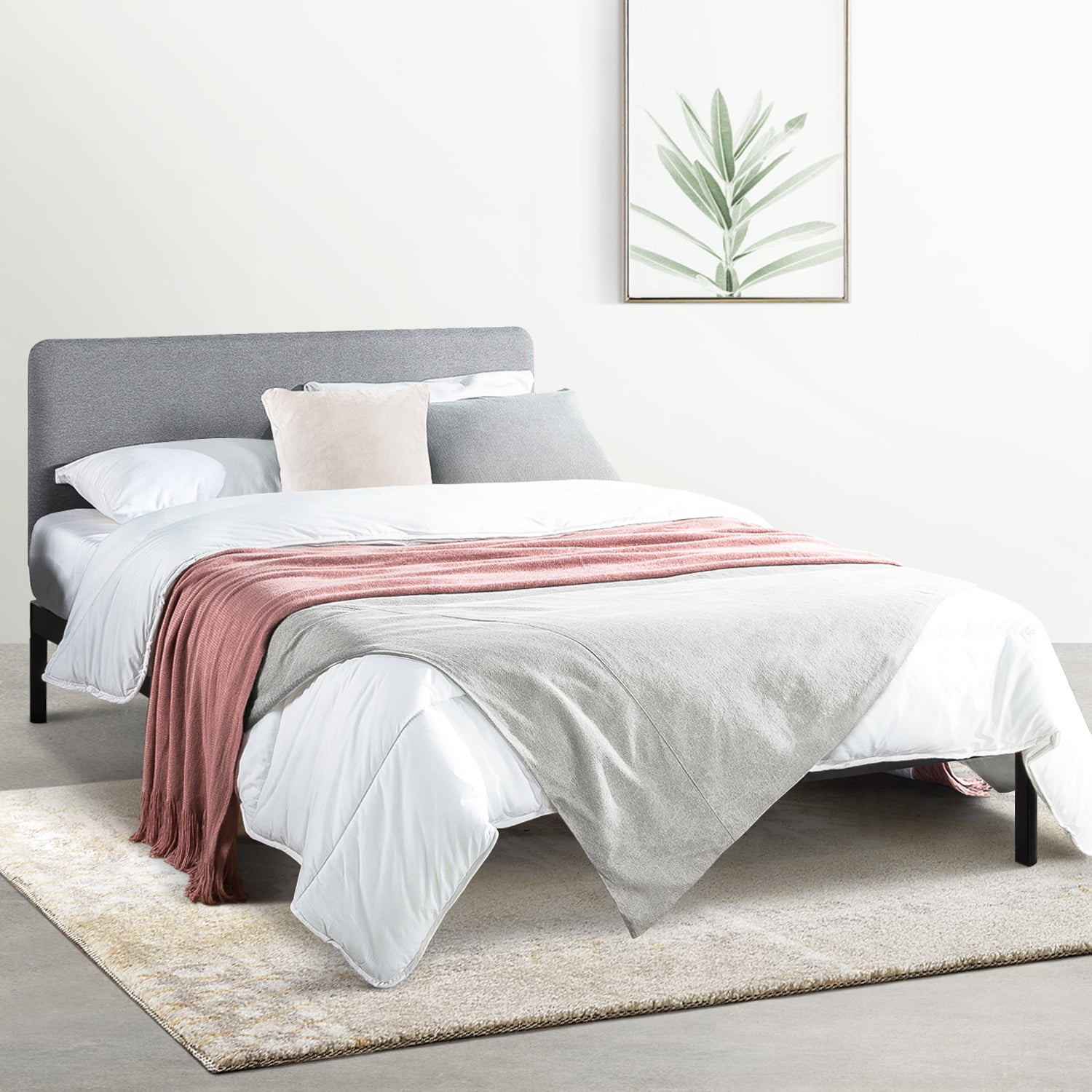 Mellow Kert Metal Platform Bed with Fabric Headboard and Rounded Legs, Oak Grey, King