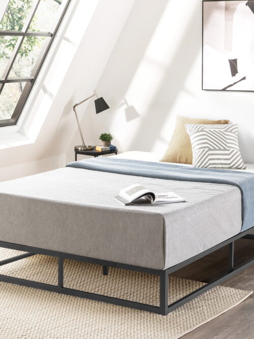 Mellow Modernista 10" Metal Platform Bed with Wooden Slats, Black, Queen