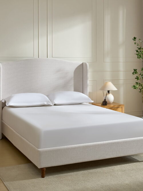 Miniyam 54" High Queen Size Upholstered Bed with Wingback Headboard for Adult, Ivory White